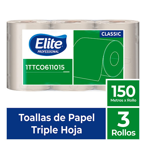 TOALLA ELITE ROLLO TRIPLE HOJA NATURAL Metros por rollo: 150 Rollos por paquete: 3 Metros por paquete: 450